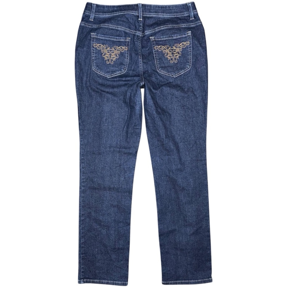 Chico’s Dark Wash Straight Leg Jeans Womens 8 Chicos 1 Short Embroidered Stretch